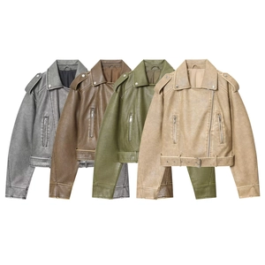 Women's washed PU leather biker jackets in grey, brown, green, and khaki with waist belts