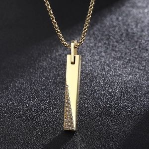 Gold bar necklace with CNC set diamonds on a stainless steel pendant with box chain