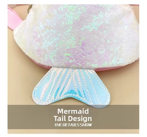 Detail showing colorful sequins and holographic mermaid tail design on a cute kid's bag