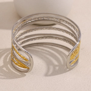 Bracelet jonc ouvert multicouche en acier inoxydable plaqué or et argent minimaliste