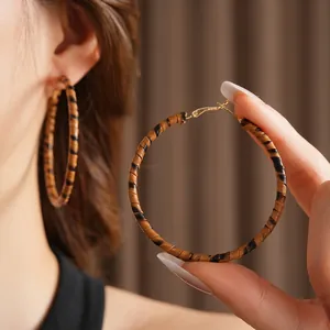 Boucles d'oreilles créoles vintage en cuir léopard avec fermoir doré pour femmes