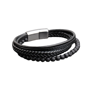 Multi-layer braided leather bracelet for men with black lava stones and magnetic clasp