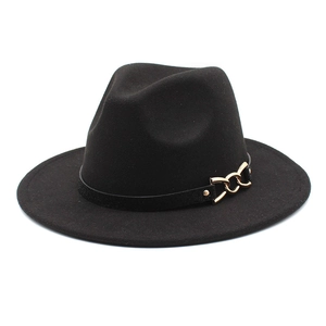 Retro British Style Wool Felt Fedora Hat Wide Brim With Leather Belt And Gold Metal Chain Buckle Vintage Jazz Cap