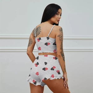 Women's 2-piece pajama set with grey heart print camisole and ruffle hem shorts
