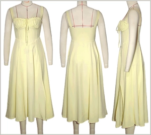 Three-view display of a yellow midi slip dress with waist-cinching and bow tie detail
