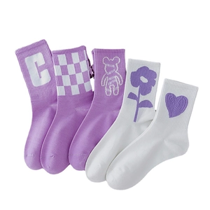 Five pairs of purple and white cartoon cotton socks with heart and bear patterns