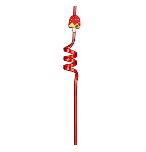 Detailed view of a red spiral plastic straw featuring a cute mushroom ice cream charm