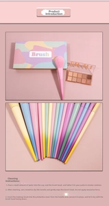 Macro shot detailing macaron color makeup brush bristles and cleaning instructions guide