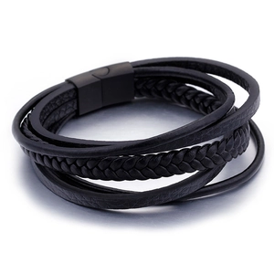 Multi-layer black braided leather bracelet for men with magnetic stainless steel clasp