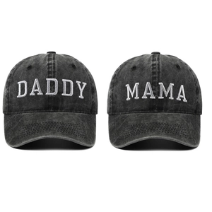 Detail of Daddy and Mama embroidery on vintage washed charcoal cotton baseball caps