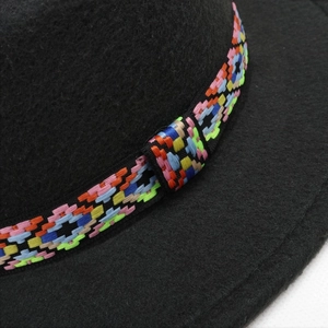 Classic black wool felt fedora hat featuring colorful ethnic geometric embroidered band