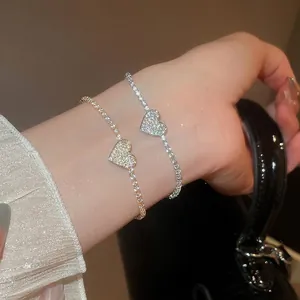 Sparkling Heart Pendant Bracelet Copper With Zircon Adjustable Sliding Buckle Tennis Chain For Women Jewelry Gift