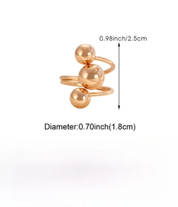 Detailed dimensions of a spiral triple ball ring in rose gold finish with iron material