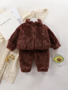 Cozy dark brown fleece loungewear set for kids with zipper jacket and matching pants