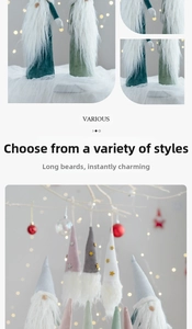 Detail of Nordic Christmas gnomes featuring long faux fur beards and golden star hats