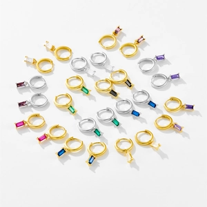 Detailed macro view of S925 sterling silver hoop earrings with multi-color zircon stones