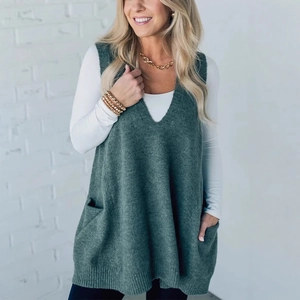 Women's dark green V-neck knit vest sweater with side pockets in casual style