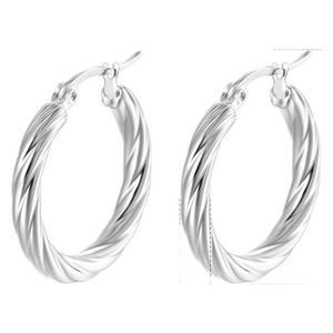 Detailed view of silver-plated stainless steel hoop earrings with twisted rope texture