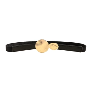 Black elastic waist belt for women with elegant golden double ring metal buckle