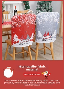 Close-up of festive gnome pattern and snowflake details on fabric Christmas chair covers