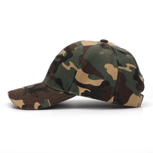 Side view of camouflage baseball cap showing cotton twill fabric and neat stitching detail