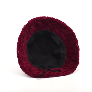 Burgundy plush bucket hat with wavy texture and warm inner lining for women
