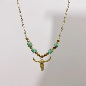 Bohemian Stainless Steel Bull Skull Pendant Necklace For Women Natural Stone Beaded Ethnic Western Fashion Jewelry Gift