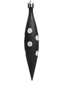 Macro detail of black icicle Christmas ornament with sparkling silver glitter polka dots