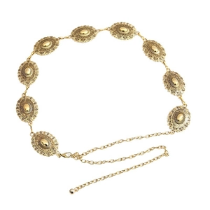 Vintage gold metal concho waist chain belt with intricate carved oval patterns