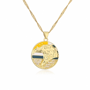 Golden 18K plated eagle head enamel pendant necklace with sparkling zircon accents