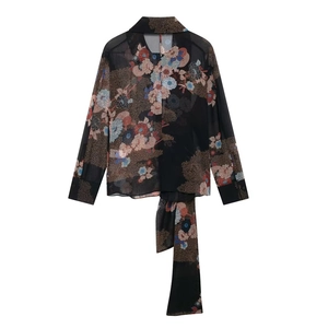 Elegant vintage floral chiffon shirt for women featuring a tie-hem and scarf collar detail