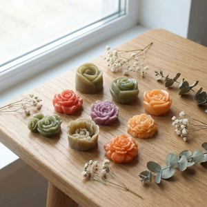 Candele fatte a mano a forma di rosa e peonia in vari colori su superficie in legno