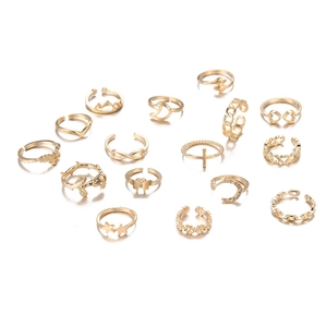 15-piece gold-toned minimalist ring set featuring moon star butterfly and heart shapes