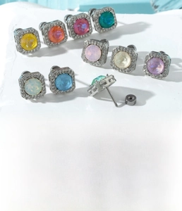Detailed specs of titanium steel square stud earrings with colorful crystal stones