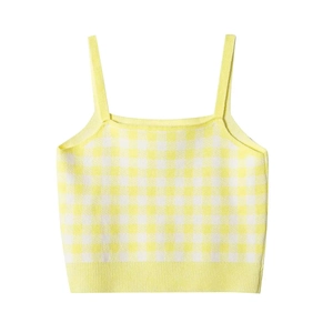 Detailed view of yellow and white plaid knitted camisole top with thin straps