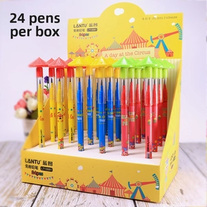 Detail of circus theme non-sharpening pencils with umbrella caps in display box