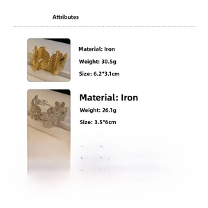 Detailed view of metal butterfly and flower open cuffs with size and weight specifications
