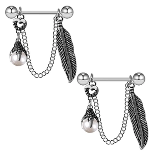 Gothic nipple ring pair with silver eagle claw, pearl, feather charms and heart chain details