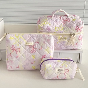 Quilted Cotton Makeup Bag Butterfly Pattern Ribbon Zipper Portable Travel Cosmetic Organizer Bag For Women
