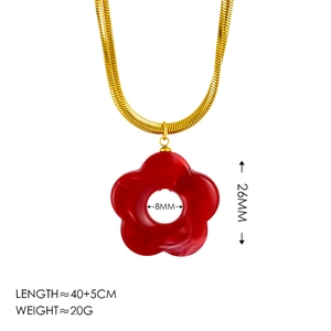 Double-layer gold titanium steel chain necklace with a red acrylic five-leaf flower pendant
