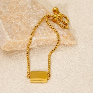 Detail of adjustable gold box chain with polished rectangular plate on a natural stone