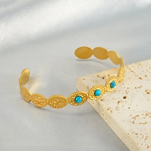 Minimalist gold plated titanium steel open cuff bracelet with blue turquoise stones