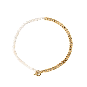 Golden Cuban chain and freshwater pearl necklace with OT toggle clasp on white background