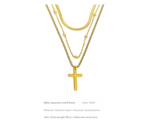 Three-layer titanium steel necklace set with cross pendant and snake chain detail