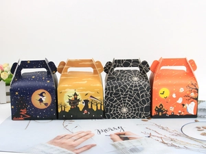 Detailed set of four Halloween candy boxes with spider web and ghost festive patterns