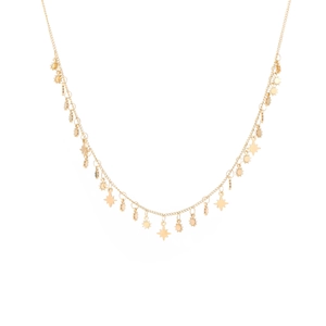 Detailed shot of golden layered titanium necklace with star and sun charms on white base