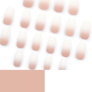 Pink and white gradient press-on nails with white French curve lines and almond shape