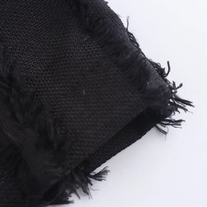 Chic black double-breasted long blazer coat with fringe edges and premium fabric texture