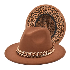 Fedora Hat Woolen Felt Gold Metal Chain Leopard Print Lining Wide Brim Vintage Jazz For Men Women