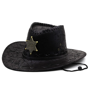Vintage black cracked leather cowboy hat with gold sheriff badge and chin strap